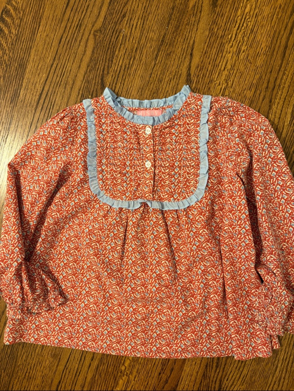 Bisby Girls' Red Floral Long-Sleeve Top with Light Blue Ruffle Bib